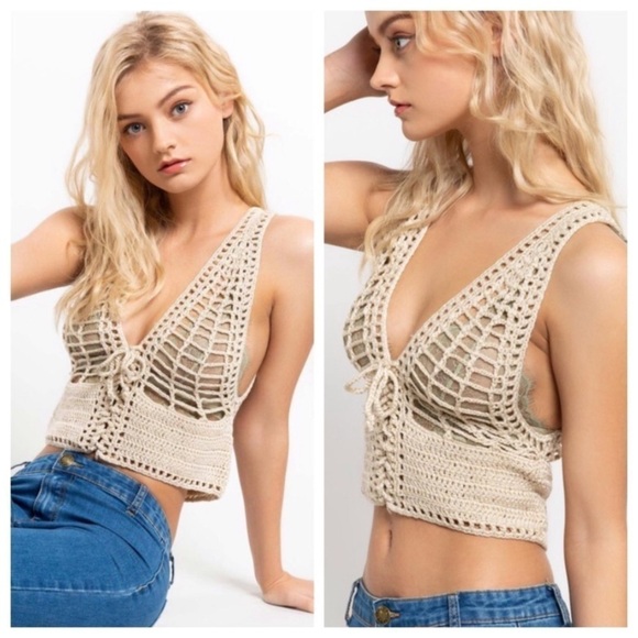 Crochet Macrame Lace Up Festival Top - Picture 1 of 3